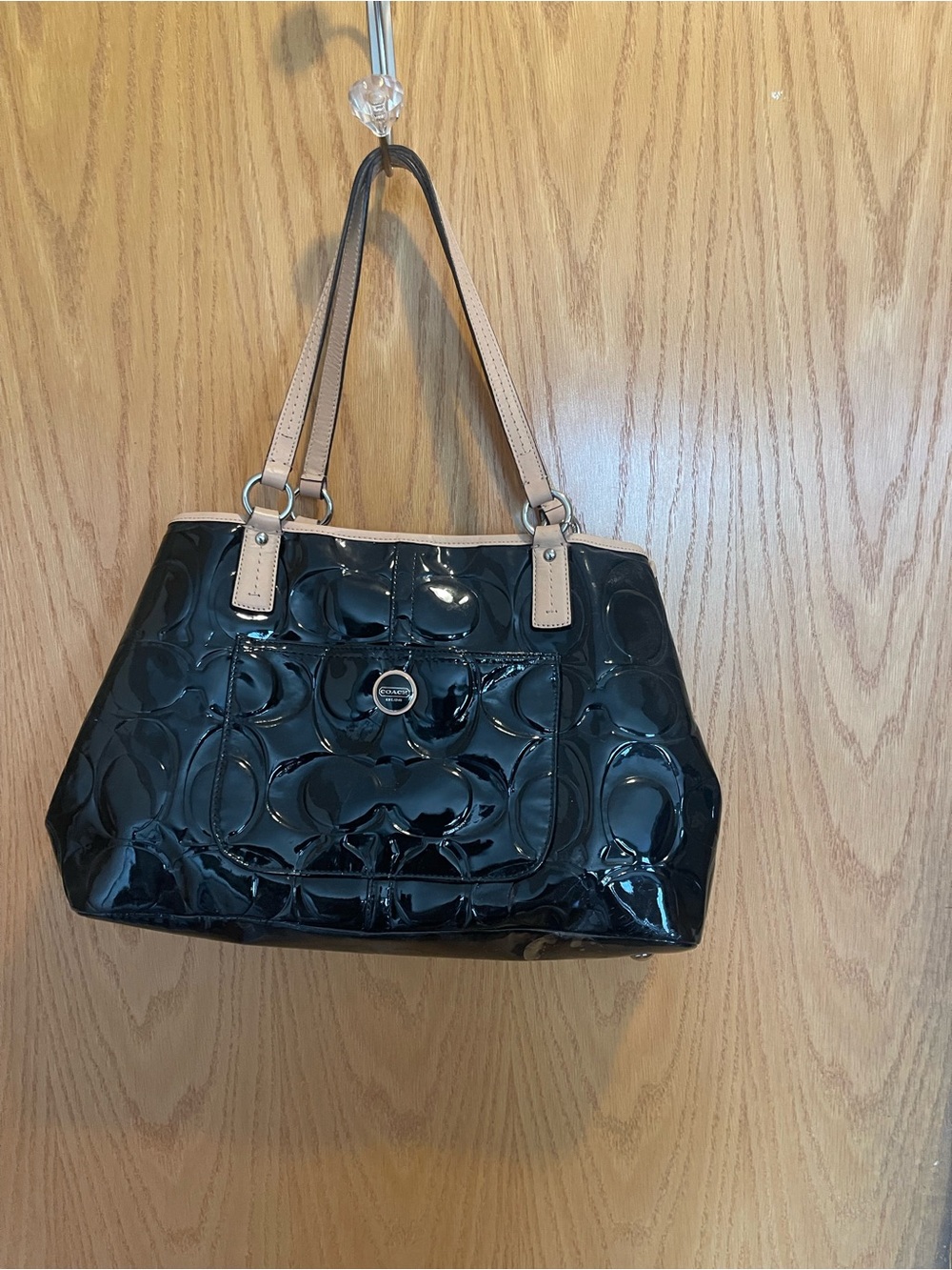 Coach Black Patent Shoulder Tote with Beige Straps